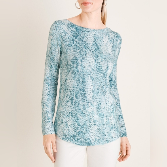 Chico's Blue Reptile Snake Print Bateau Neck Light Sweater Women's Size Large L - Picture 13 of 13